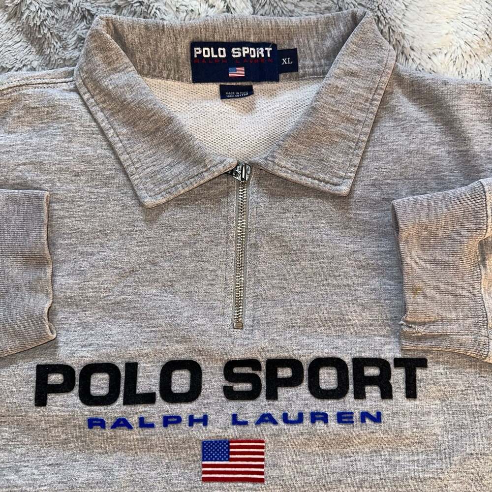 VINTAGE 90s XL Polo Sport Ralph Lauren Quarter Zip Sweatshirt Grey PERU